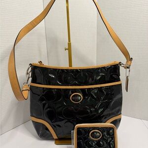 Coach Black Peyton Embossed Patent Leather Crossbody  Bag & Matching Wallet